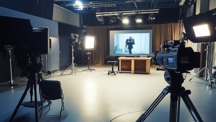 Studio filming, interview setup, broadcast, lights, screen