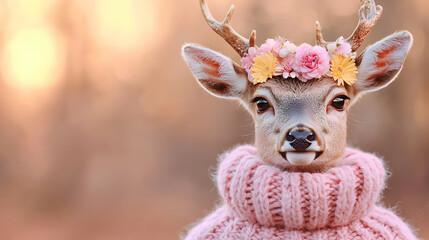 Fawn in pink sweater & flower crown, autumn forest