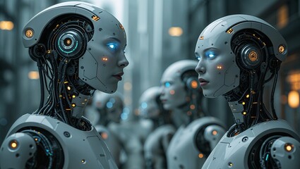 Fototapeta premium Futuristic Robots in a High-Tech Facility,robot cyborg person 