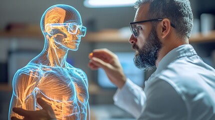 Designers evaluating and analyzing the fit and flow of garments on a highly detailed interactive holographic model in a modern technology driven studio setting