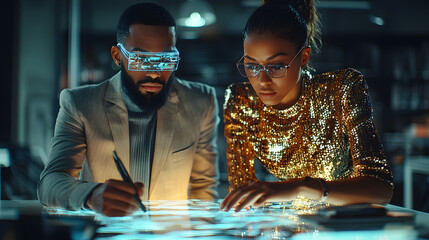 Two fashion designers collaborating in a futuristic office setting using holographic technology to brainstorm and present new fashion concepts  The image depicts a high tech