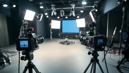 Studio cameras filming chroma key background