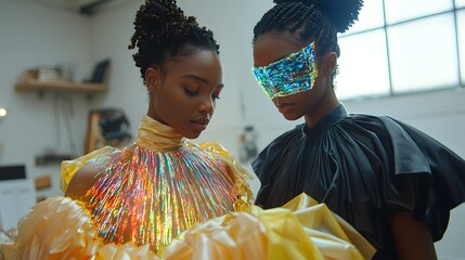 Two female fashion designers collaborating on the of cutting edge fabric technologies to create visionary holographic clothing designs with a captivating otherworldly aesthetic