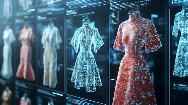 Collaborative session of futuristic fashion design using holographic displays and advanced technology in a modern studio setting showcasing conceptual and experimental apparel styles