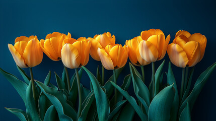 Obraz premium Bright yellow tulips arranged against a dark blue background in a minimalist floral display showcasing nature's beauty