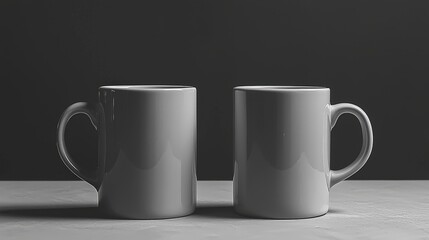 two coffee mugs on a table in front of a dark background. The mugs are clean and empty, ready for your beverage. 