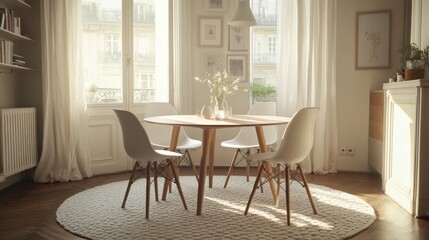 A functional and aesthetically pleasing dining table, accompanied by four stylish chairs in a cozy home setting.