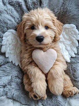Un cachorro adorable con alas de �ngel sostiene un coraz�n suave, todo sobre un fondo esponjoso.