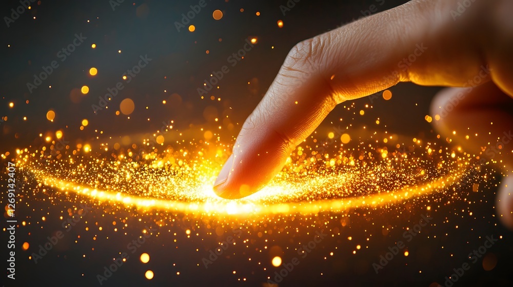 Poster close up view of a fingertip interacting with a glowing holographic digital interface showcasing a f