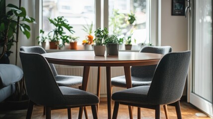 A functional and aesthetically pleasing dining table, accompanied by four stylish chairs in a cozy home setting.