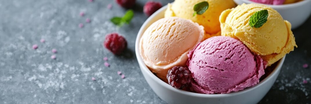 Deliciosos helados de colores vibrantes en un taz�n blanco, acompa�ados de frambuesas frescas.