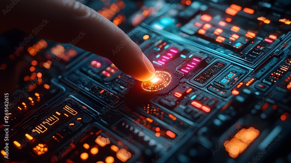 Poster close up view of a human fingertip interacting with a glowing holographic user interface in a high t