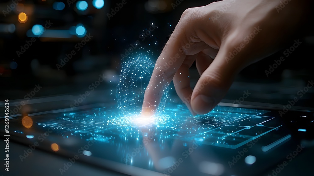 Poster closeup of a finger touching and interacting with a futuristic holographic technology display the di