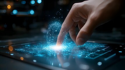 Closeup of a finger touching and interacting with a futuristic holographic technology display  The display shows glowing transparent and illuminated digital elements