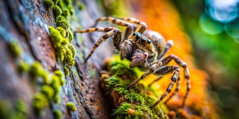 Rustic Wall Spider Climb Candid Photography Stock Photo - Nature Closeup