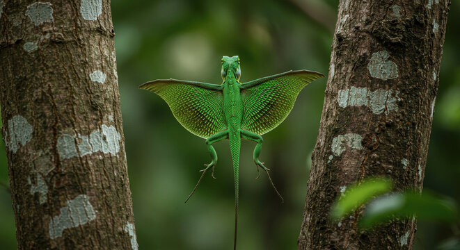 Green Flying Dragon Lizard (Draco volans) Displaying Patagium