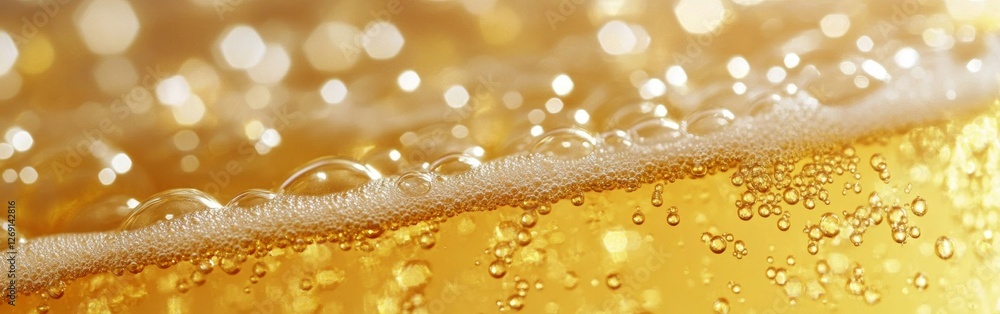 Poster bubbles rise gracefully in a glass of golden beer, creating a clear and vibrant display. the close-u