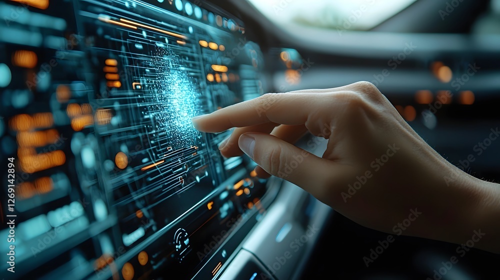 Poster close up of a finger touching and interacting with a futuristic holographic technology display inter