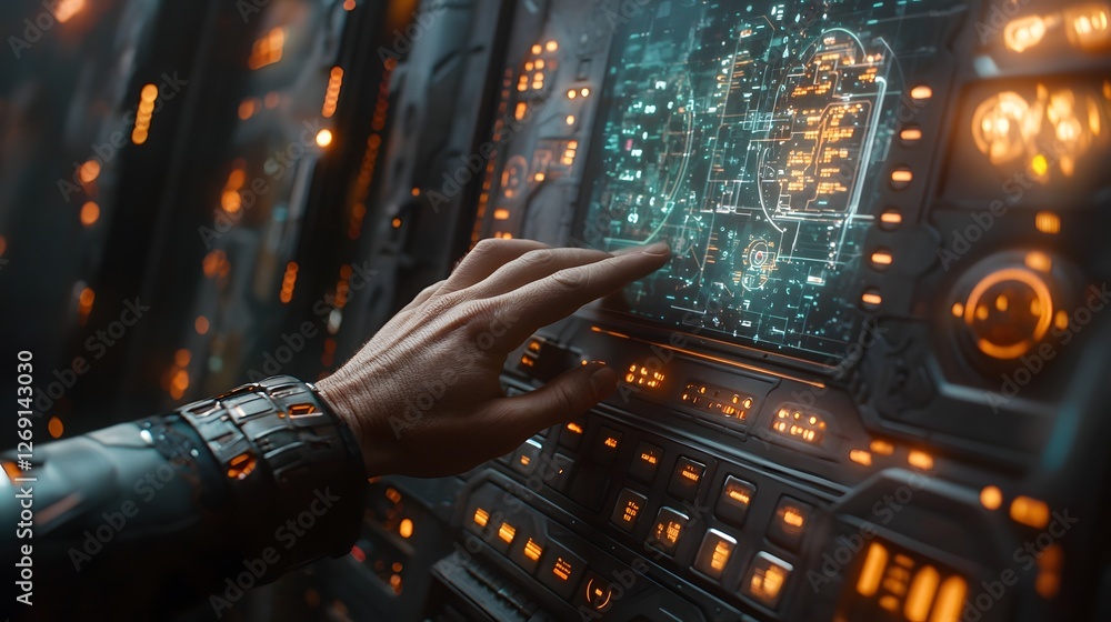 Poster close up view of a human hand delicately interacting with a sleek futuristic holographic control pan