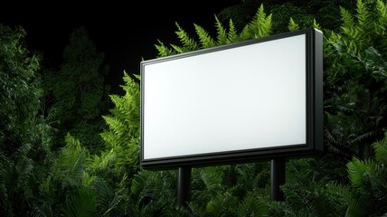 Fototapeta premium A blank billboard stands amidst lush greenery, illuminated against a dark backdrop, ready for advertising or messaging.