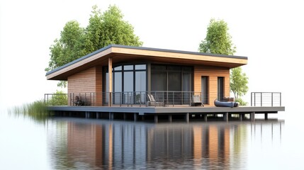 Obraz premium lakefront modern cabin with a dock for kayaking