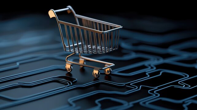 A shopping cart sits on a digital circuit-like pathway, symbolizing online shopping and technology integration in retail.