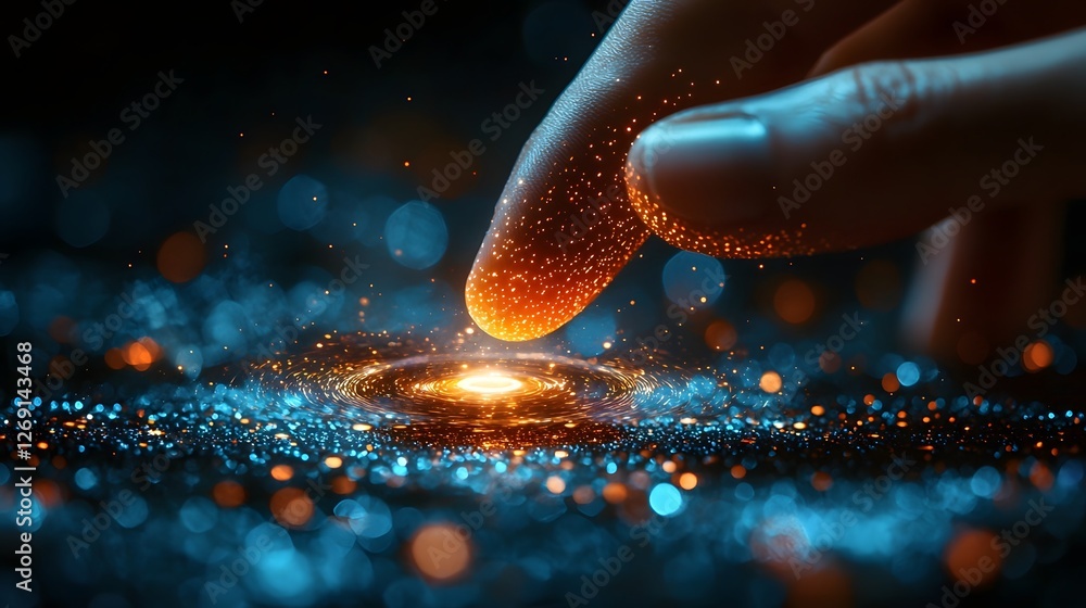 Poster finger pressing a floating holographic button with glowing digital effects futuristic technology int