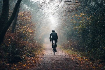 Fototapeta premium Un ciclista recorre un sendero solitario en un bosque brumoso, rodeado de hojas doradas y la serenidad del entorno.