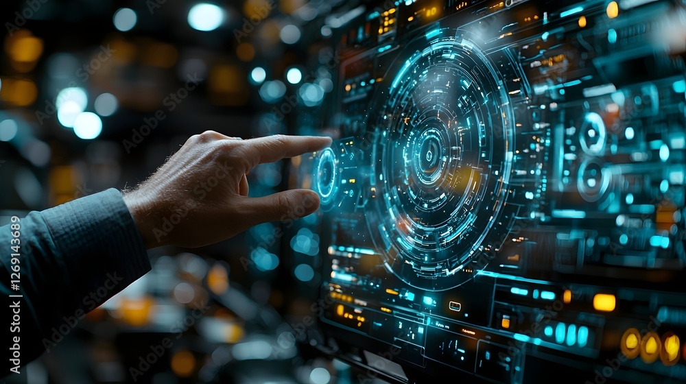 Poster futuristic hand gesturing to manipulate 3d holographic projection of advanced technological controls