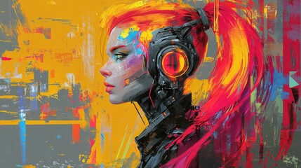 A digital portrait of a character with neon-colored hair and cybernetic enhancements. 