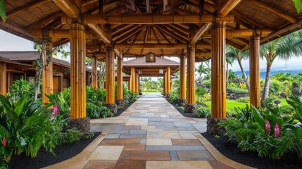 Fototapeta premium A high-end tropical resort lobby with bamboo and stone decor, surrounded by lush greenery.