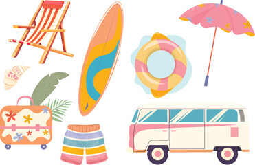 Summer set. Cute set of stickers for your diary. Collection of scrapbooking elements for a beach party. Tropical vacation.