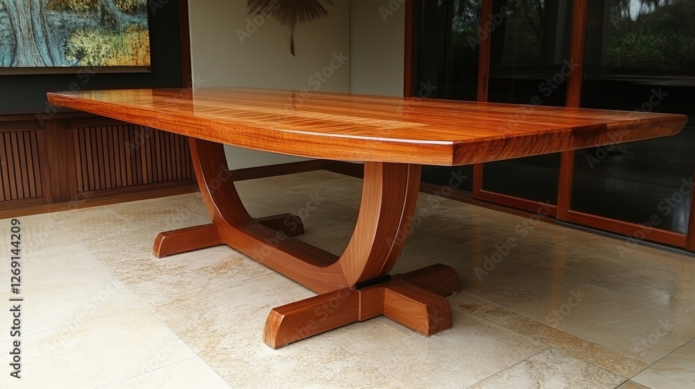 Poster a high-quality wooden dining table with a smooth extension system, allowing for additional seating.