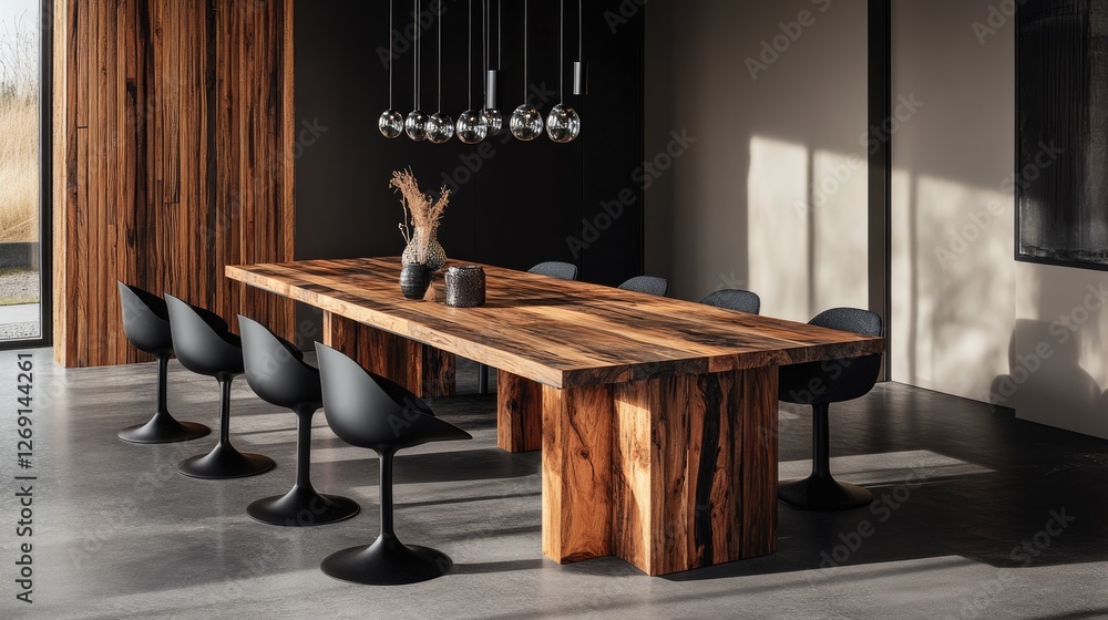 Poster A high-quality wooden dining table with a smooth extension system, allowing for additional seating.