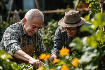 Fototapeta premium Una pareja de ancianos disfruta de su tiempo juntos cuidando un jard�n lleno de flores y plantas verdes.