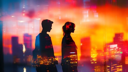 Pojjw 94734 create an impactful image showcasing silhouettes of a couple standing in front of a vibrant cityscape during sunset with dramatic colors