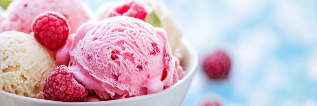 Un delicioso taz�n de helados de fresa y vainilla, acompa�ado de fresas jugosas, listo para disfrutar.