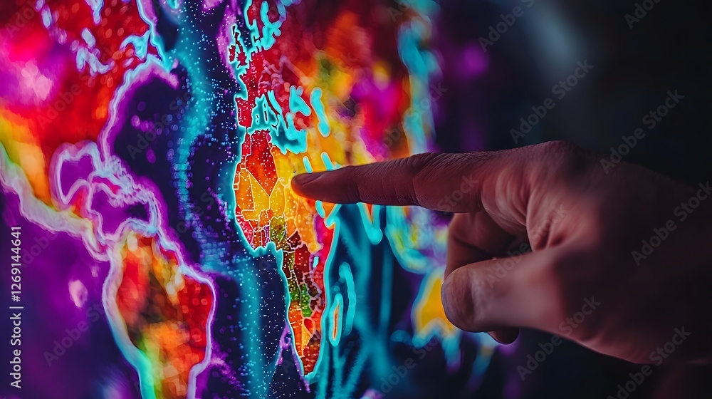 Poster closeup view of a finger pointing towards a vibrant holographic map projection showcasing a futurist