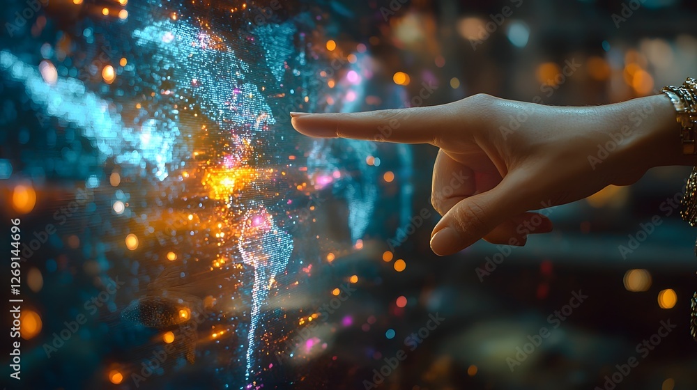 Poster finger pointing towards a holographic map projection close up view of a futuristic digital interface