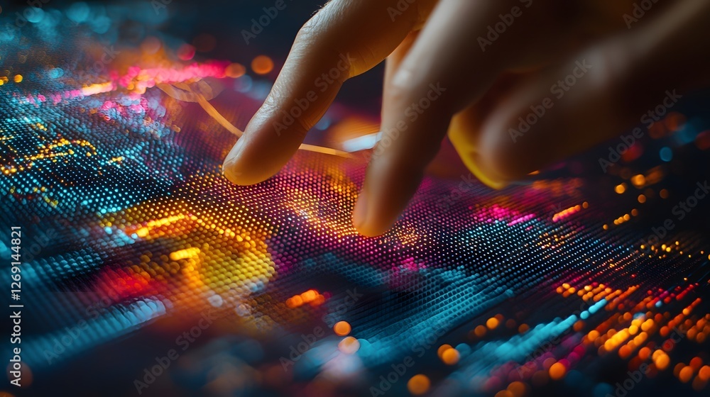 Poster close up view of an index finger interacting with a dynamic and vibrant holographic interface showca