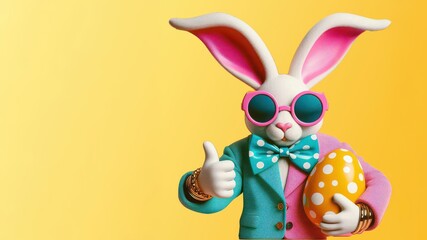Fototapeta premium 3D cute easter rabbit in colorful clothes and cool sunglasses on pastel background with copy space, idea of modern easter bunny thumbs up