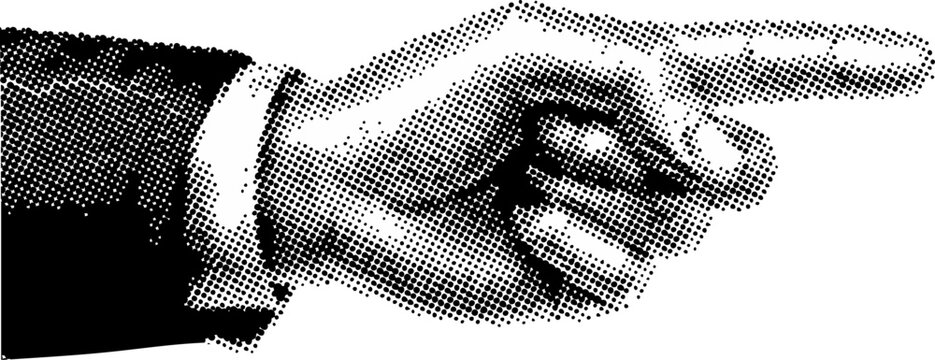 Finger pointing gesture, indicating aside, showing. Pointer sign. Halftone old style vector isolated on white background.