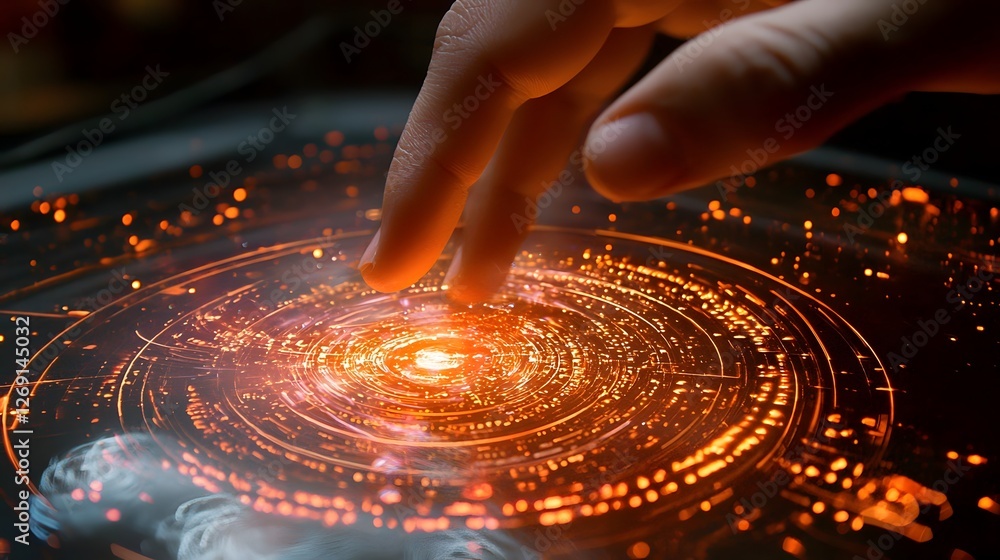 Poster close up of a finger interacting with a dynamic futuristic holographic interface showcasing the powe