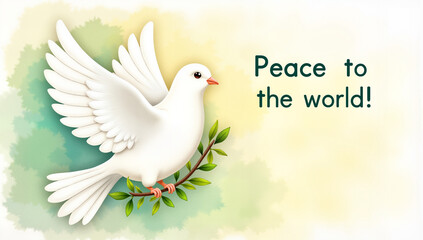 Fototapeta premium White dove carrying olive branch on watercolor background, symbolizing peace
