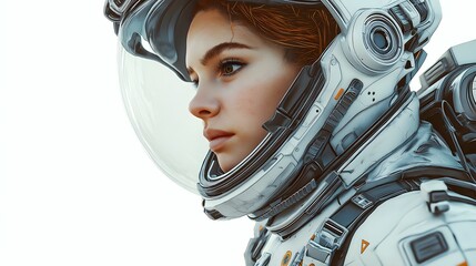 Side profile of female astronaut in modern spacesuit with detailed helmet design, professional space exploration equipment, futuristic technology concept isolated on white background