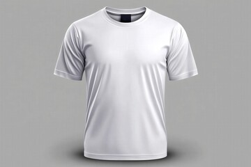 Plain white t-shirt on a gray background, showcasing a simple and clean design.