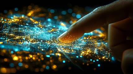 Close up of a finger navigating and interacting with a futuristic glowing holographic virtual reality interface with data and digital elements in a modern high tech and innovative concept