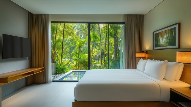 Tropical pool villa with lush green garden, modern bedroom interior, clean architectural design, natural sunlight