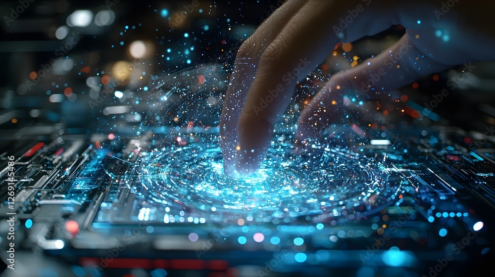 Poster close up view of a single finger interacting with vibrant dynamic holographic elements showcasing th