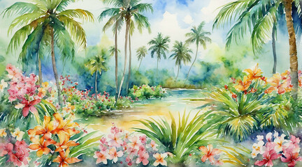 Tropical forest with flowers blooming, watercolor painting style, generative AI.